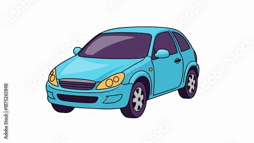 A simple blue cartoon car with purple tinted windows and yellow headlights