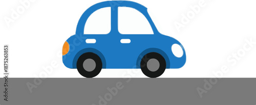 A simple blue cartoon car with orange and white details rests on a gray road