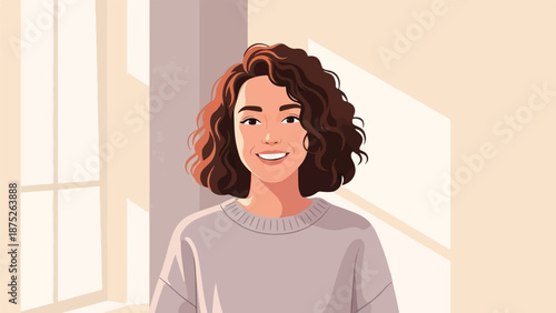 A smiling woman with curly brown hair wears a gray sweater, indoors by a window