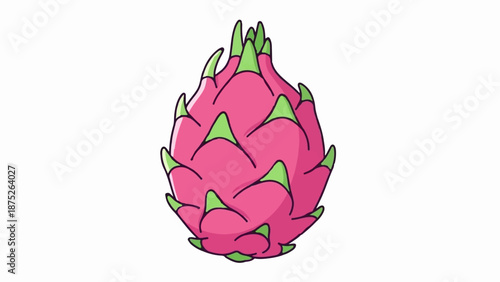 A simple cartoon illustration of a bright pink dragon fruit with green leaf-like scales