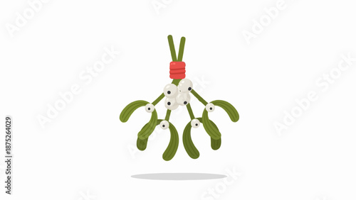 A sprig of mistletoe with white berries and green leaves, tied with red ribbon