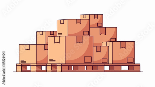 A stack of cardboard boxes rests on a wooden pallet, awaiting transport
