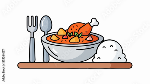 A simple cartoon illustration of a hearty meal with chicken, stew, rice, and utensils on a shelf