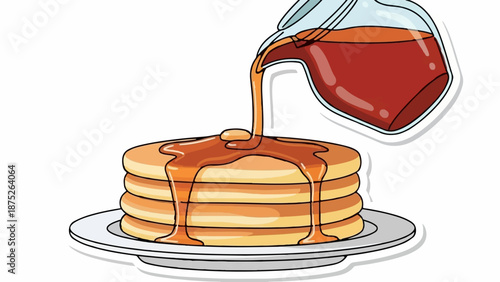 A stack of delicious pancakes being drizzled with sweet syrup from a pitcher