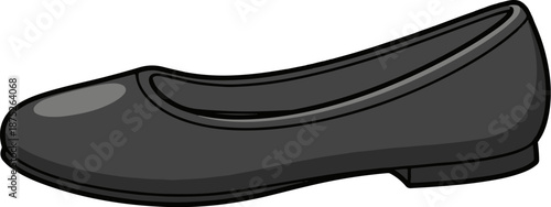 A solitary, simple black ballet flat shoe is depicted against a white background