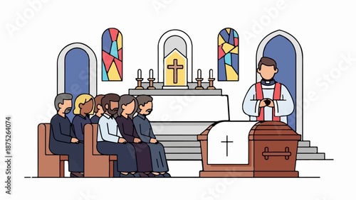 A somber funeral service in a church with mourners, a coffin, and a clergyman