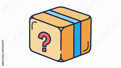 A simple cartoon illustration of a tan box with a question mark on one side and blue tape