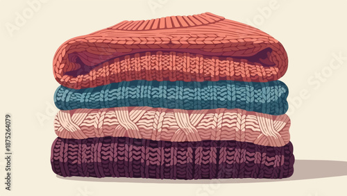 A stack of four folded, knitted sweaters in various warm and cool tones