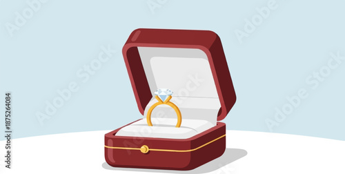 A sparkling diamond ring rests in an open, burgundy velvet jewelry box against a light blue backdrop
