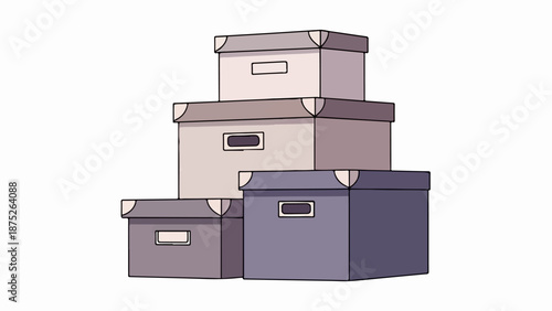 A stack of four open-top cardboard storage boxes, varying in size and color