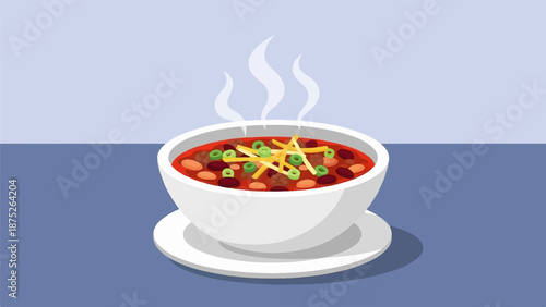 A steaming bowl of hearty chili topped with cheese and green onions sits on a plate