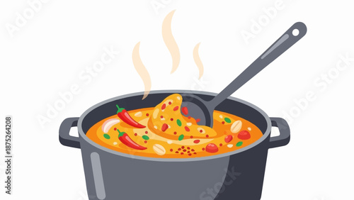 A steaming pot of stew, with chili peppers and a ladle