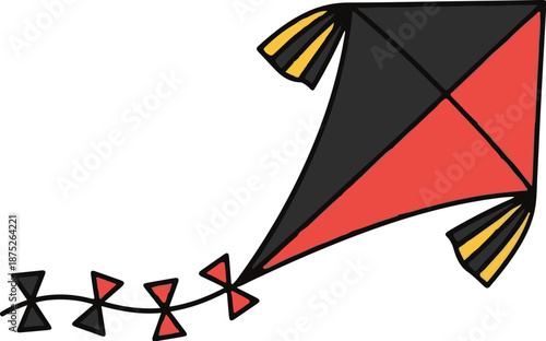 A simple, cartoon-style kite with black and red diamond shapes and a black string with red and black diamond shapes