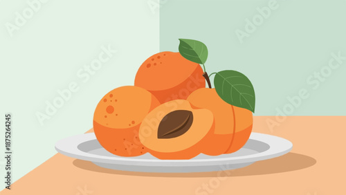 A still life illustration of ripe apricots, one halved, on a plate