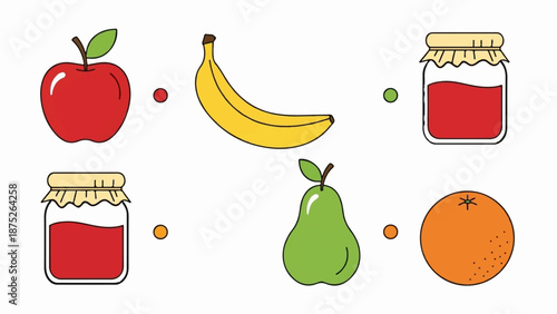 A still life of assorted fruits, jams, and colored dots on a white background