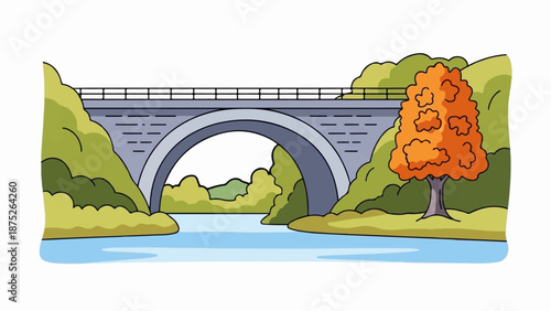 A stone bridge spans a river, surrounded by lush green hills and a vibrant autumn tree