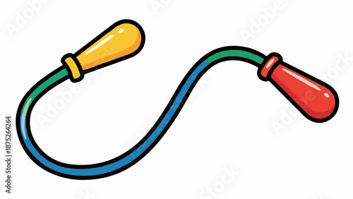 A simple, colorful cartoon jumping rope with yellow, green, blue, and red handles and cord