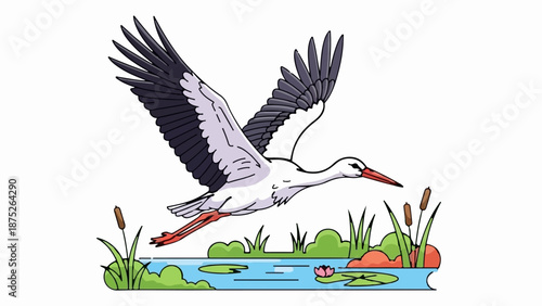 A stork flies over a pond with lily pads and cattails