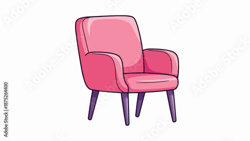 A stylish pink armchair with a plump seat and curved arms rests on four dark legs