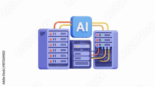 A stylized 3D illustration of interconnected server racks and an AI processor block