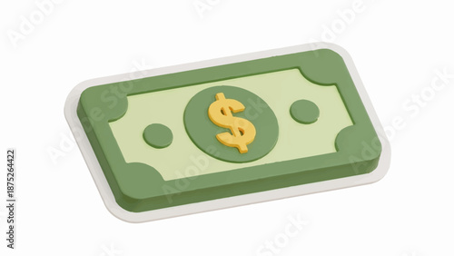 A stylized 3D illustration of a green paper bill with a prominent gold dollar sign