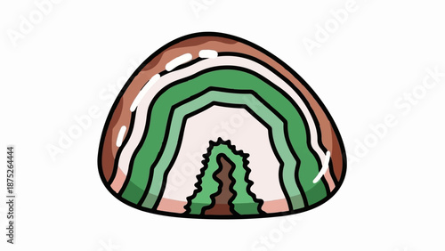 A stylized, abstract, banded gemstone or rock formation in brown, green, and cream colors