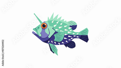 A stylized aquatic creature with a single antenna, large orange eye, purple gills, and teal fins