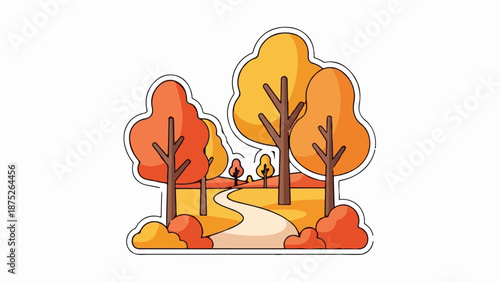 A stylized autumn scene features a winding path through colorful trees and bushes
