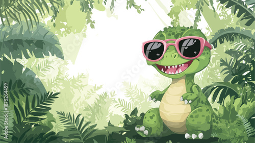 A cute green cartoon tree illustration features a happy bird and a funny smiling frog character sitting on a leaf in a nature-themed vector drawing