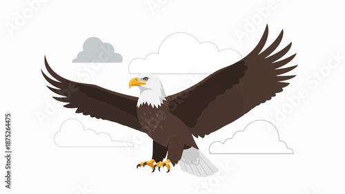 A stylized bald eagle with outstretched wings flies through a cloudy sky