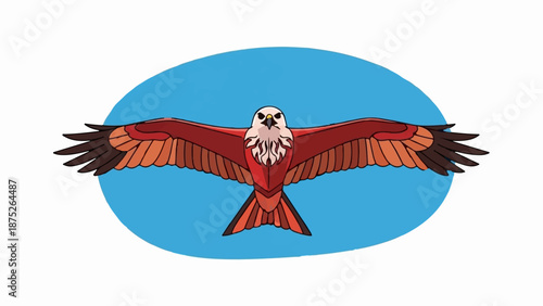 A stylized bird of prey with outstretched wings and a blue oval backdrop