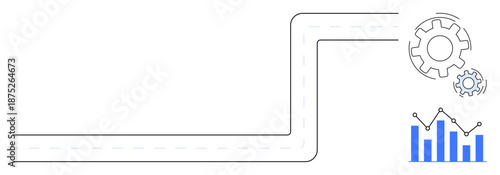 Business strategy, workflow optimization, data analysis, growth, automation, mechanics. A curved path, gears and a bar graph with rising trends. Workflow optimization and data analysis concept
