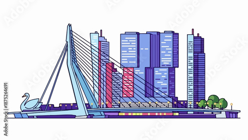 A stylized bridge spans a waterfront city with modern towers and a swan sculpture