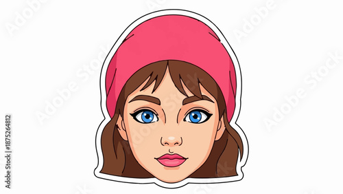 A stylized cartoon face of a young person with brown hair, blue eyes, and a pink beanie