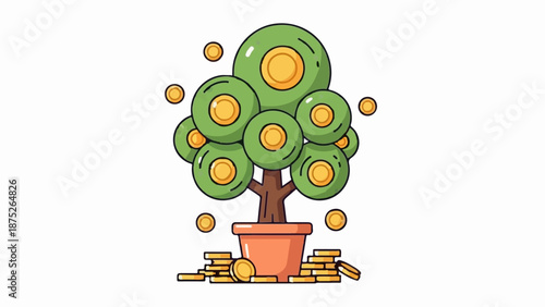 A stylized green money tree in a terracotta pot, adorned with gold coins, with more coins scattered around