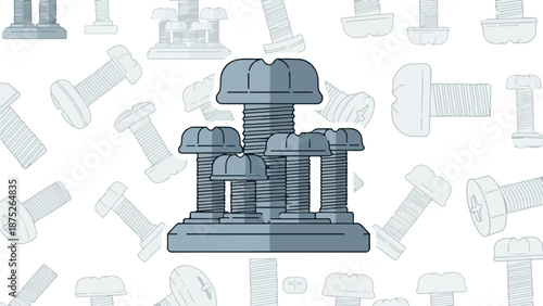 A stylized grey sculpture of multiple bolts of varying sizes arranged in a cluster on a white background with faint bolt outlines