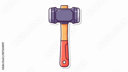 A stylized cartoon image of a large, grey and purple mallet with a wooden handle