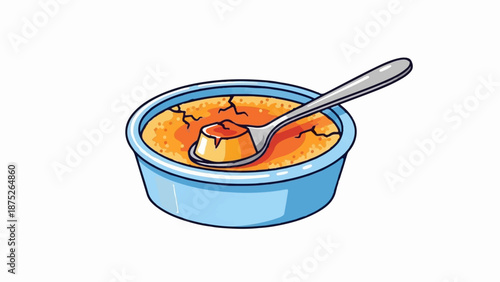 A stylized cartoon of a crème brûlée in a blue ramekin with a spoon
