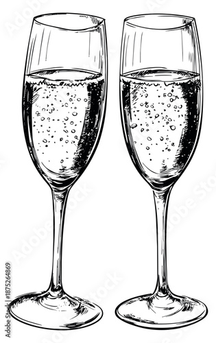 Hand drawn line art champagne flutes set featuring sparkling wine for celebration