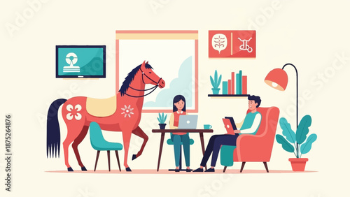 A stylized horse shares a living space with two people working on laptops