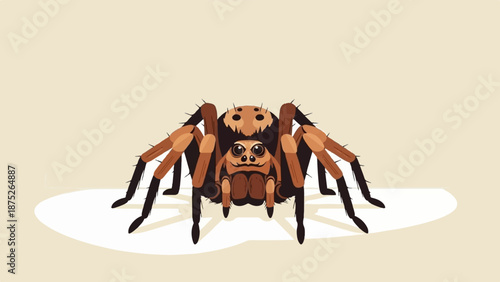 A stylized cartoon spider with big eyes and brown, black, and tan legs