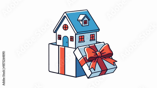 A stylized house emerges from a gift box tied with a red bow