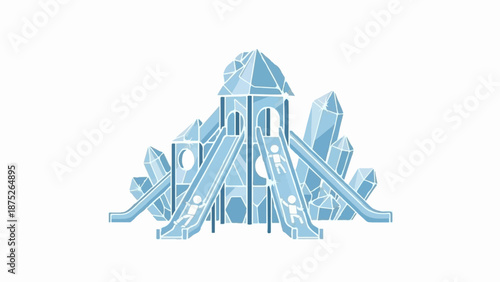 A stylized ice-themed playground with crystal formations and slides featuring children
