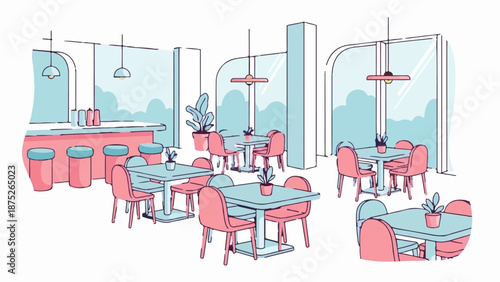 A stylized illustration of a bright, modern cafe interior with pastel tables, chairs, and bar