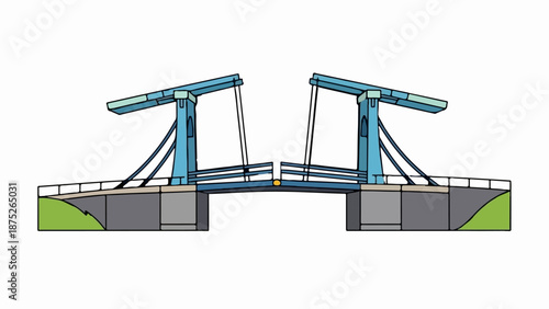 A stylized illustration of a blue drawbridge with its sections raised
