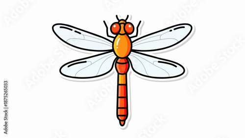 A stylized, cartoon-like dragonfly with orange body and clear wings