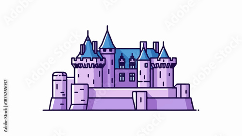 A stylized cartoon-like purple castle with blue pointed roofs and battlements