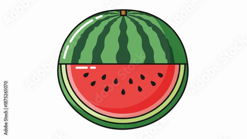 A stylized, circular watermelon slice, showing green rind and red flesh with black seeds