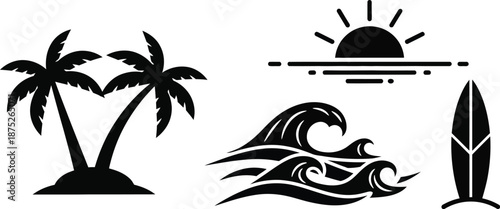 Tropical beach theme palm trees, horizon, ocean waves, and a surfboard vector. 