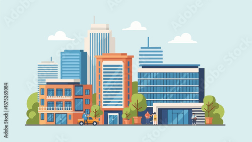 A stylized city skyline with modern buildings, trees, clouds, and people